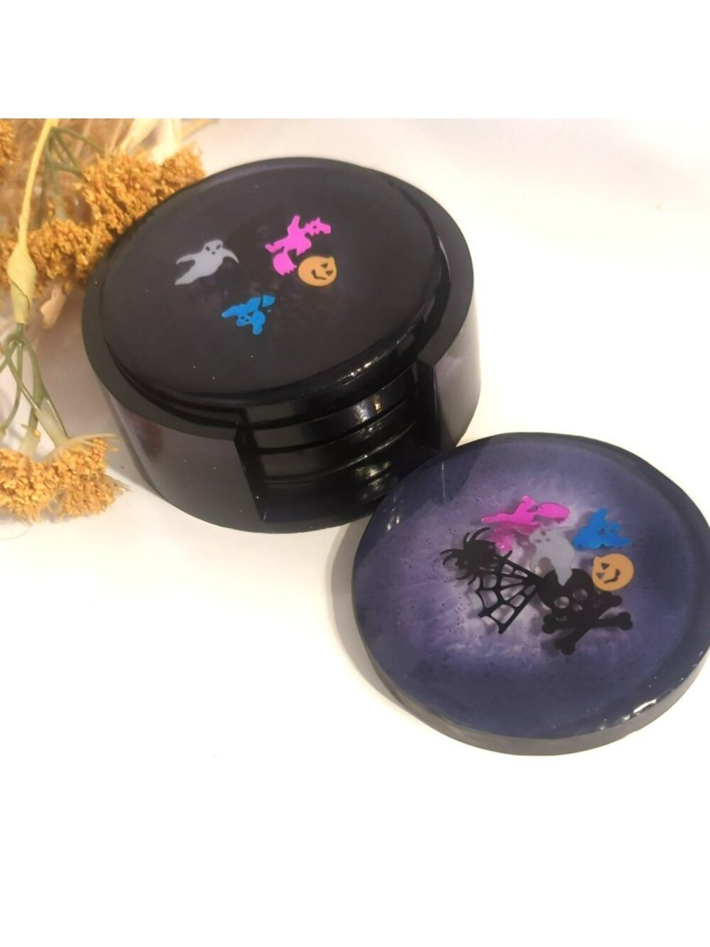 Handmade Resin Round Coaster Set With Holder Halloween-Themed Spooky Home Decor